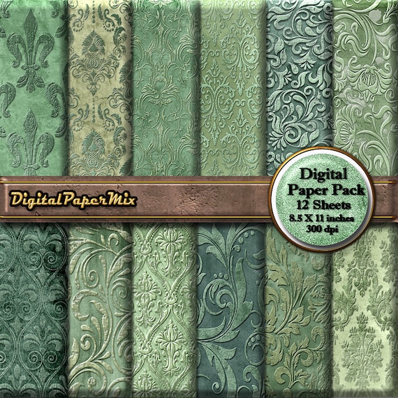 Vintage green digital paper green digital paper pack background grunge green damask printable scrapbook paper dpi instant download