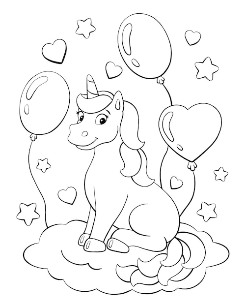 Premium vector gift color greeting card the unicorn sits on a cloud with balloons coloring book page for kids birthday theme