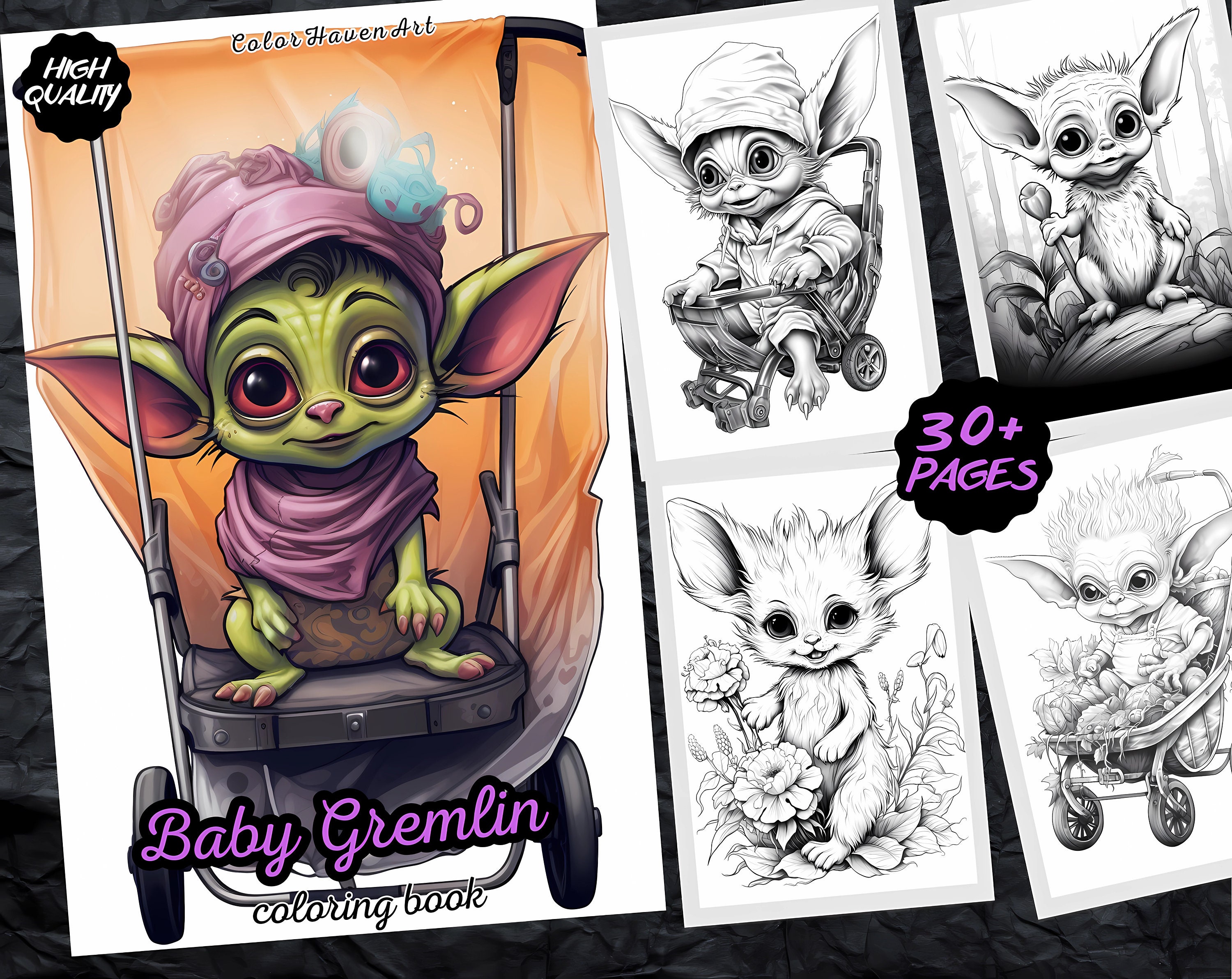 Baby gremlin fantasy anime coloring page adults kids instant download grayscale coloring page gift printable art pdf