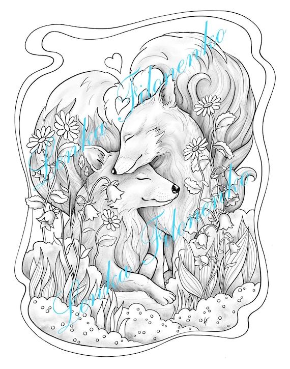 Valentine coloring page for adults and kids foxes in love grey scale pdf download and print download now