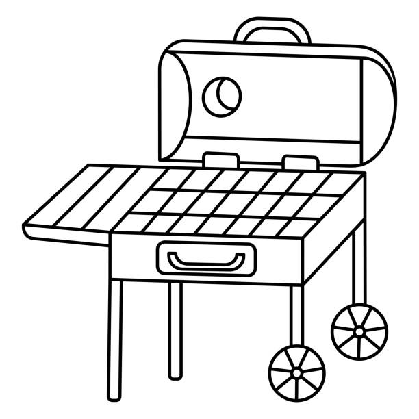 Grill brazier barbecue on wheels sketch rectangular container with a lid for frying food vector illustration coloring book for children outline on isolated background doodle style stock illustration