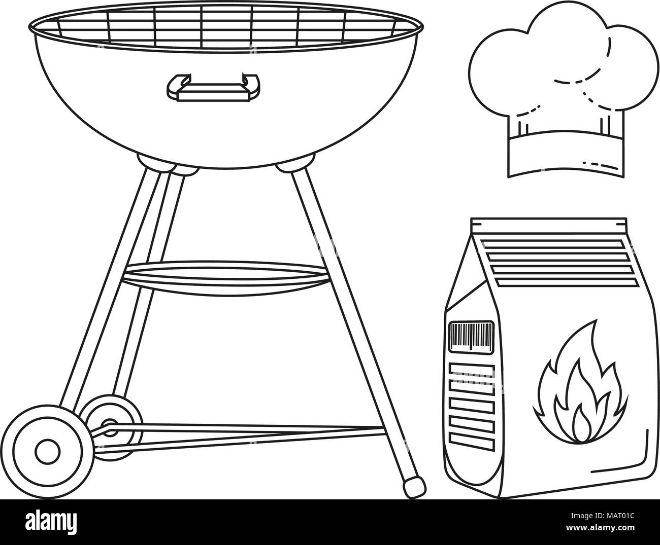 Line art black and white outdoors cooking set bbq grill coal bag chef hat holiday recreation vector illustration for banner sticker badge sign s stock vector image art