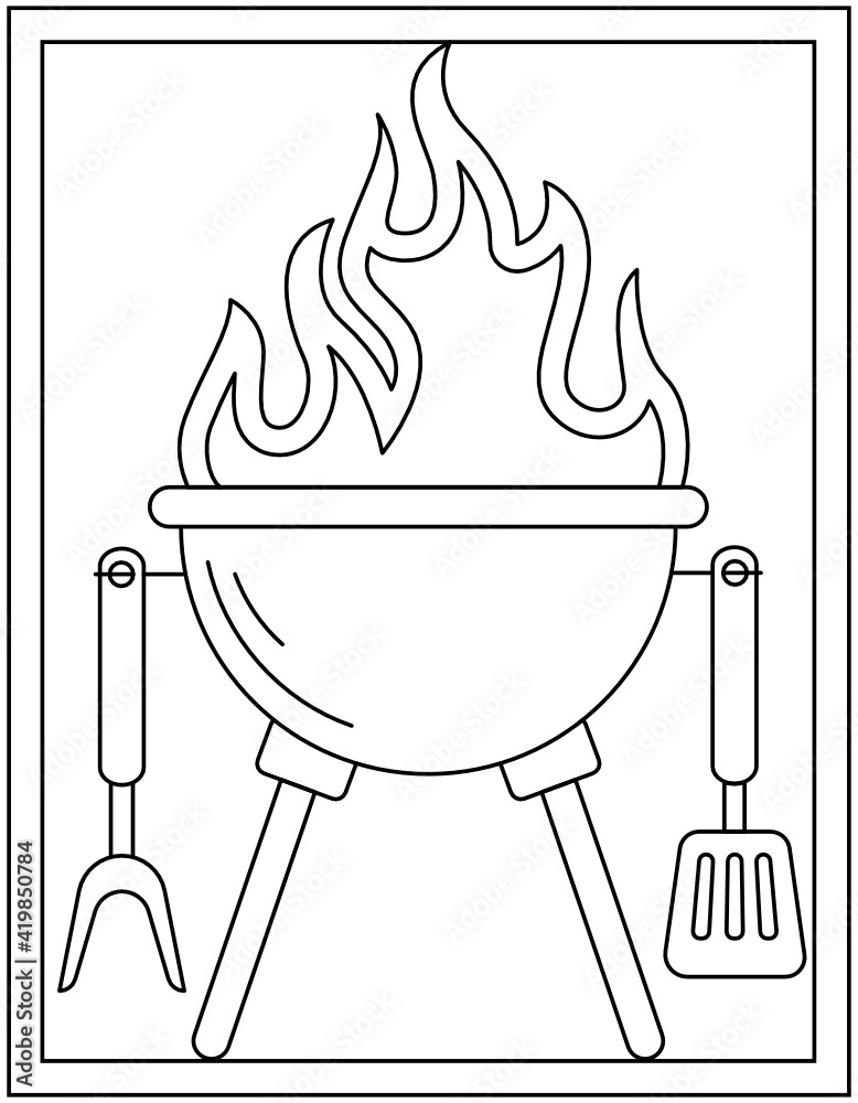 Bbq grill coloring page designed in hand drawn vector vector