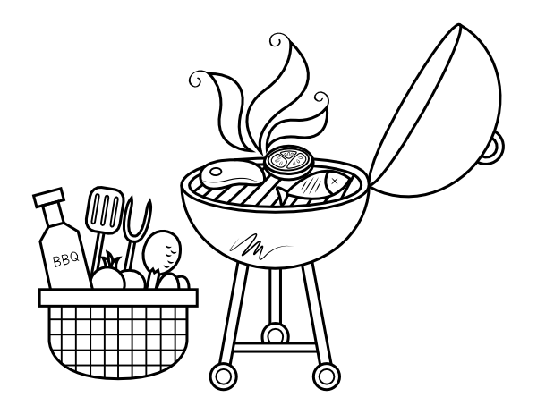 Printable grill with barbecue supplies and utensils coloring page