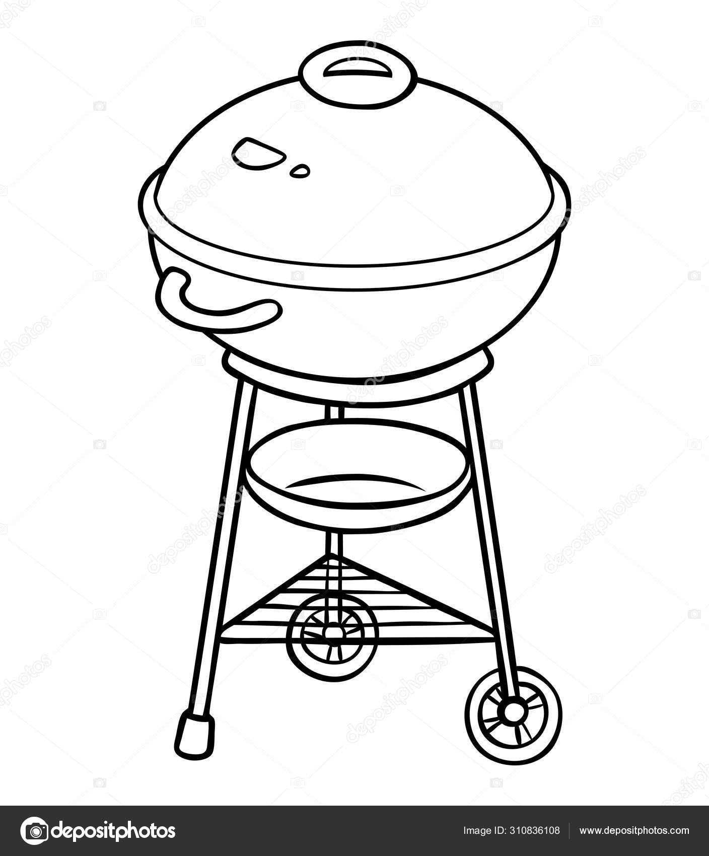 Coloring book barbecue kettle grill black and white cartoon kitchen appliances stock vector by ksenyasavva