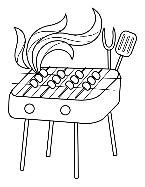 Printable grill and utensils coloring page