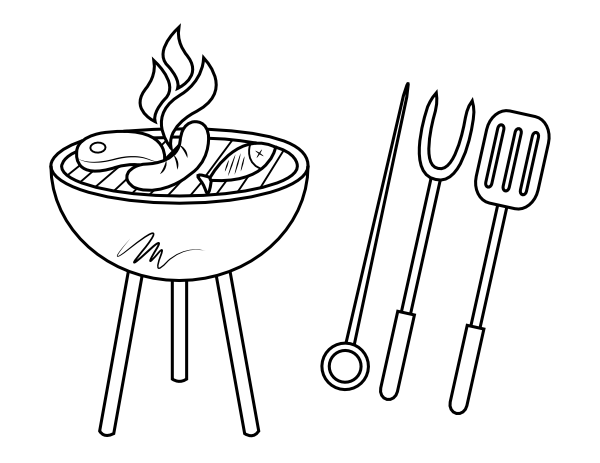 Printable grill with utensils coloring page