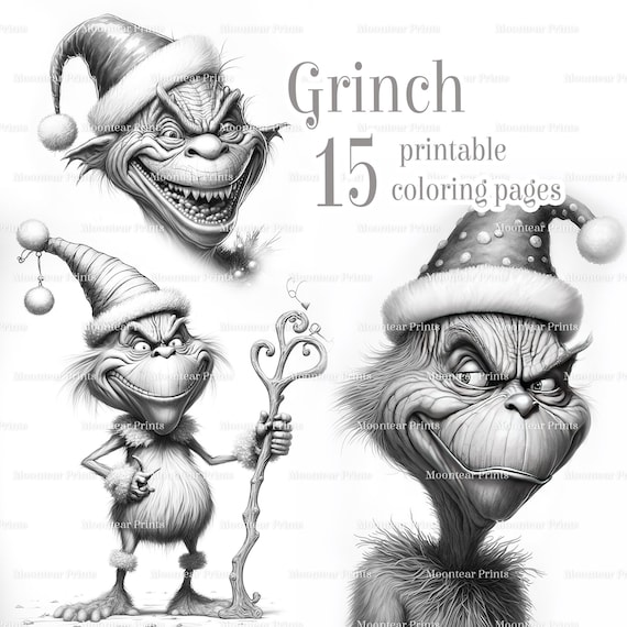 Grayscale grinch coloring pages funny grinch illustration christmas printable pdf coloring book pages for adults ai generated images download now