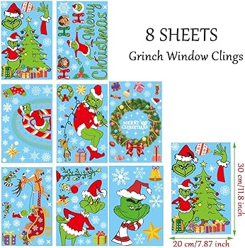 Famygft grinch window clingsdouble sided elf snowflake merry christmas window cling glass window holiday xmas winter window sticker decal christmas decor glass door car mirror home office classroom home