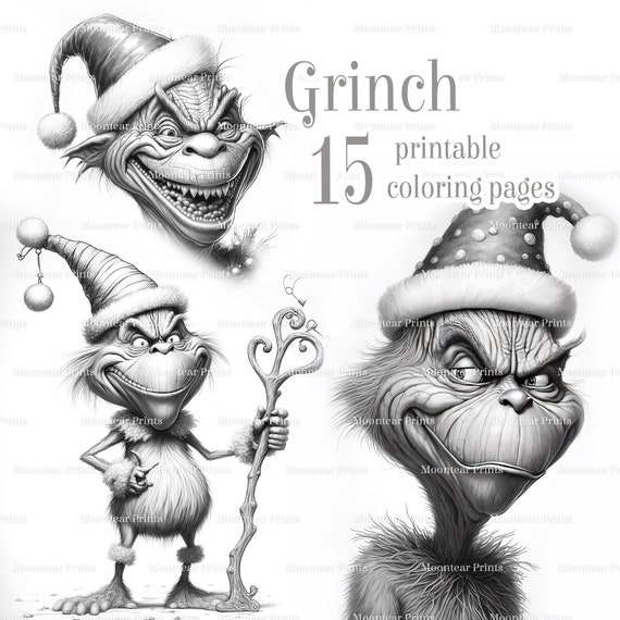 Grayscale grinch coloring pages funny grinch illustration christmas printable pdf coloring book pages for adults ai generated images download now