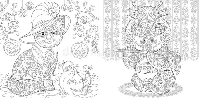 Coloring pages with halloween cat and panda geisha stock vector