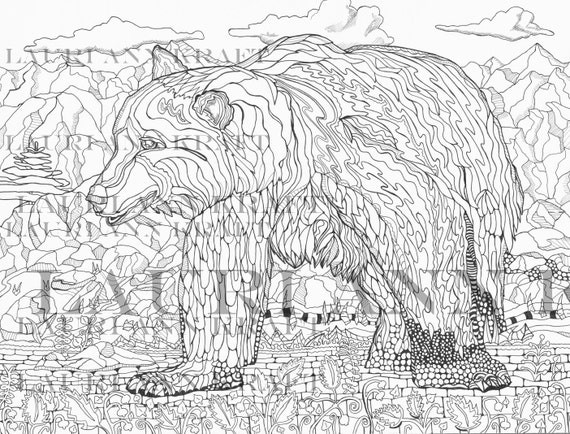 Wyoming wildlife grizzly bear animal western nature printable adult coloring book page instant download zentangle pdf kraft color meditation