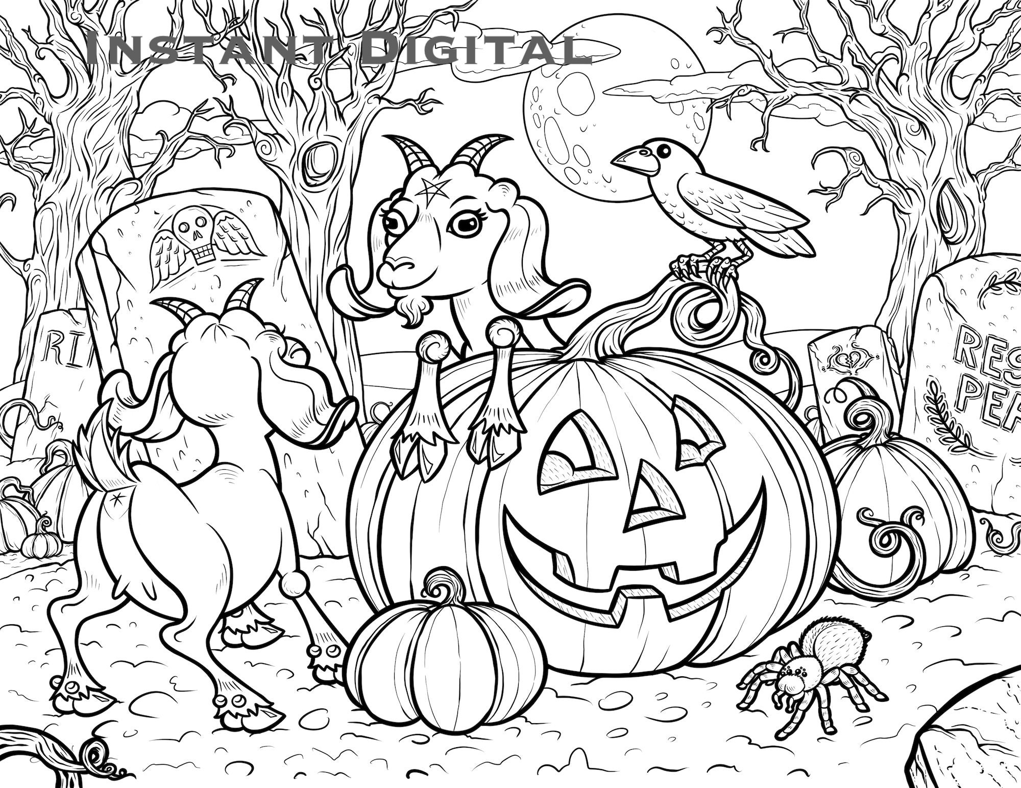 Cute halloween goats and pumpkins coloring page for kids or adults instant digital download