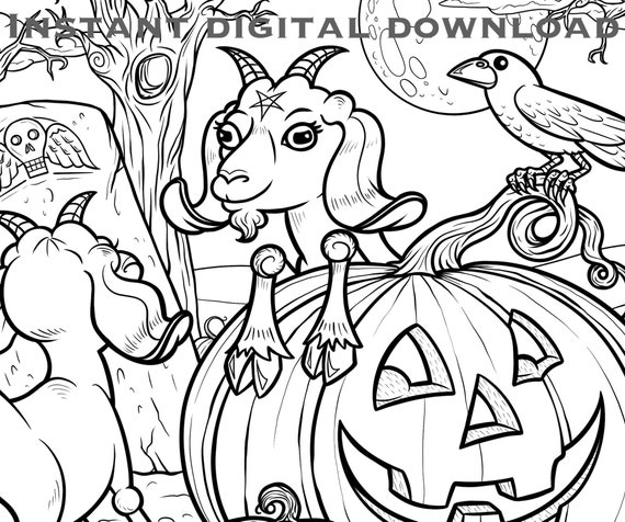 Cute halloween goats and pumpkins coloring page for kids or adults instant digital download