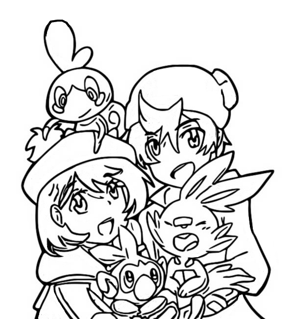 Coloring page pokãmon sword and shield trainers and scobble scorbunny and grookey