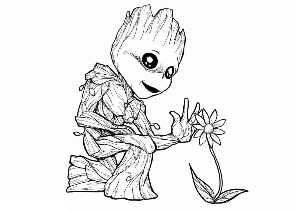 Groot and a flower coloring page