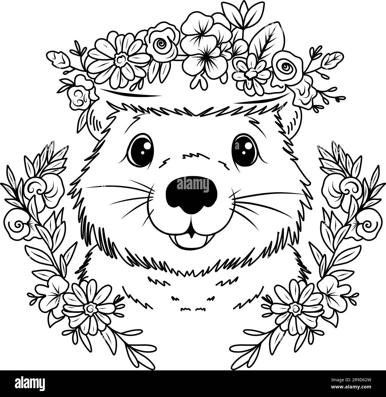 Groundhog day coloring page coloring page muzzle of a cute marmot with flowers stock vector image art