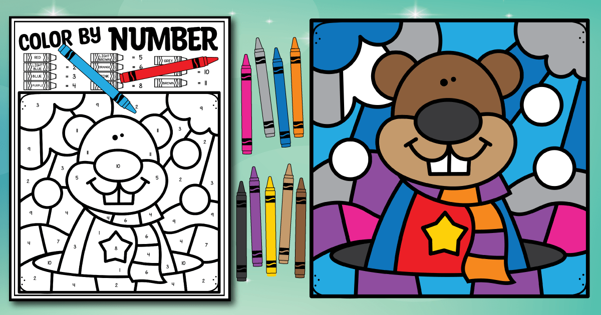 Groundhog day color by number coloring pages for kids