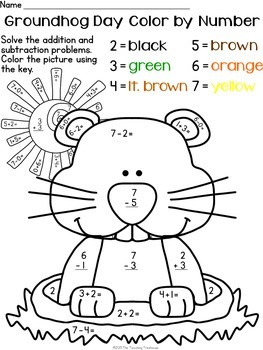 Groundhog day color by number addition subtraction within tpt