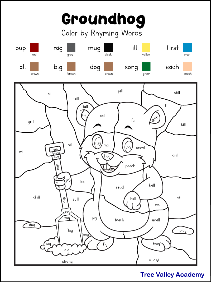 Groundhog day coloring rhyming worksheets for st grade