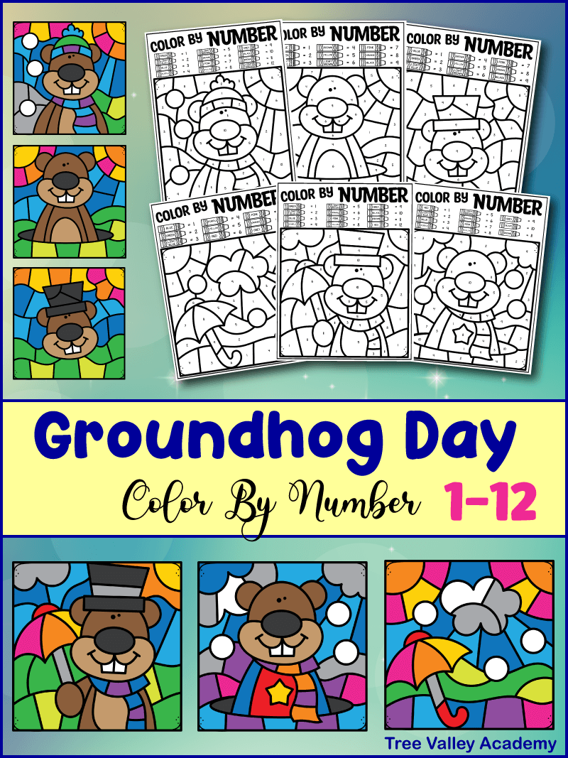 Groundhog day color by number coloring pages for kids