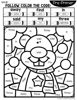 Groundhog day color by sight word with preprimer words