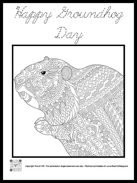 Happy groundhog day mandala coloring page cursive font â the art kit