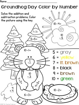 Groundhog day color by number addition subtraction within tpt