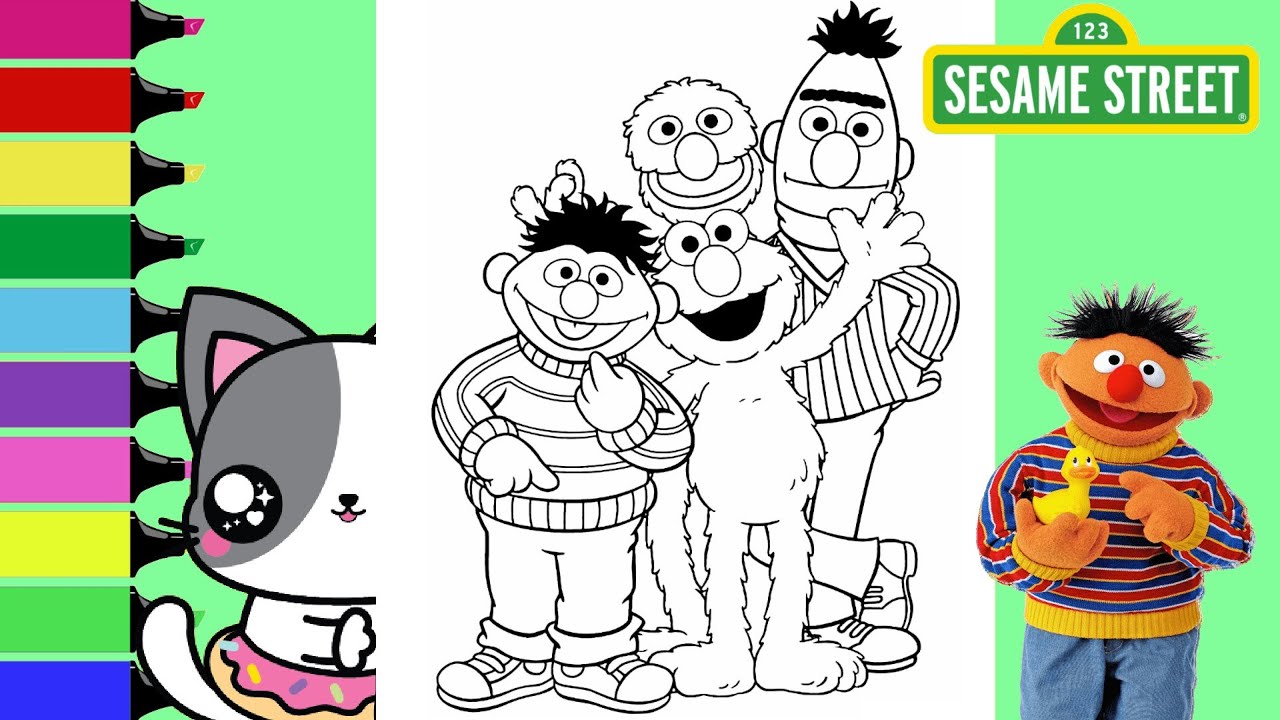 Coloring sesae street friends bert ernie grover and elo coloring book page sprinkled donuts jr