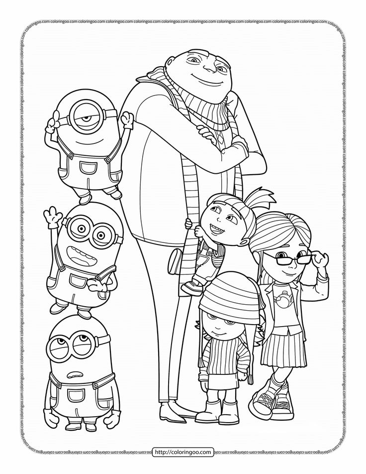 Gru with minions and foster girls coloring page minion coloring pages disney coloring pages printables minions coloring pages