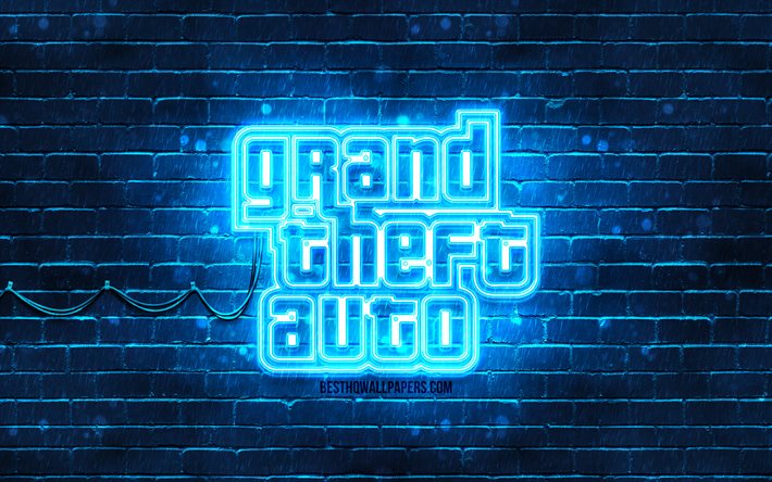 Download wallpapers gta blue logo k blue brickwall grand theft auto gta logo gta neon logo gta grand theft auto logo for desktop free pictures for desktop free