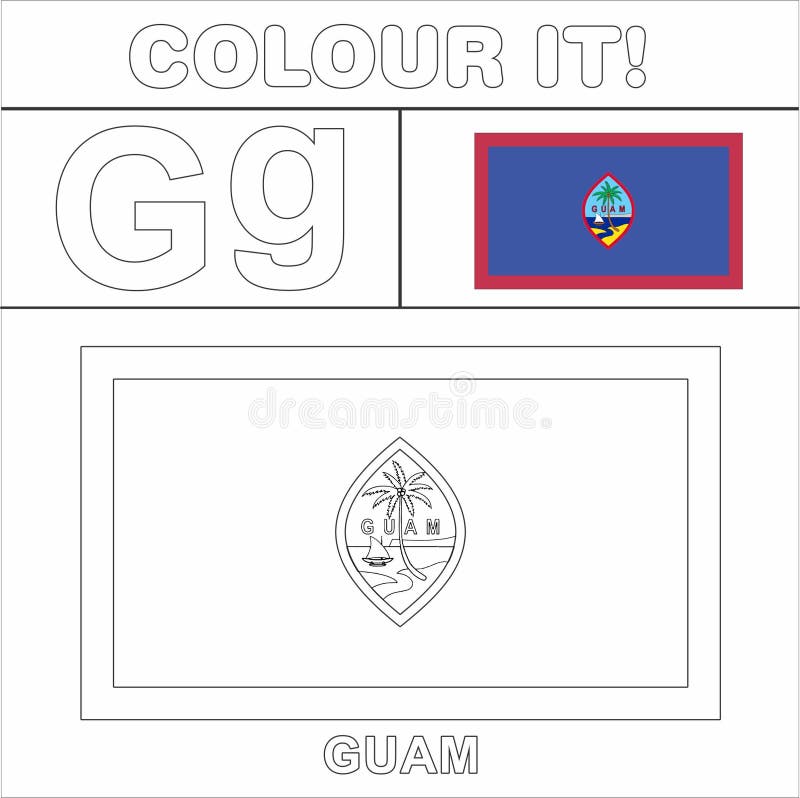 Colour it kids colouring page country starting from english letter g guam how to color flag stock illustration