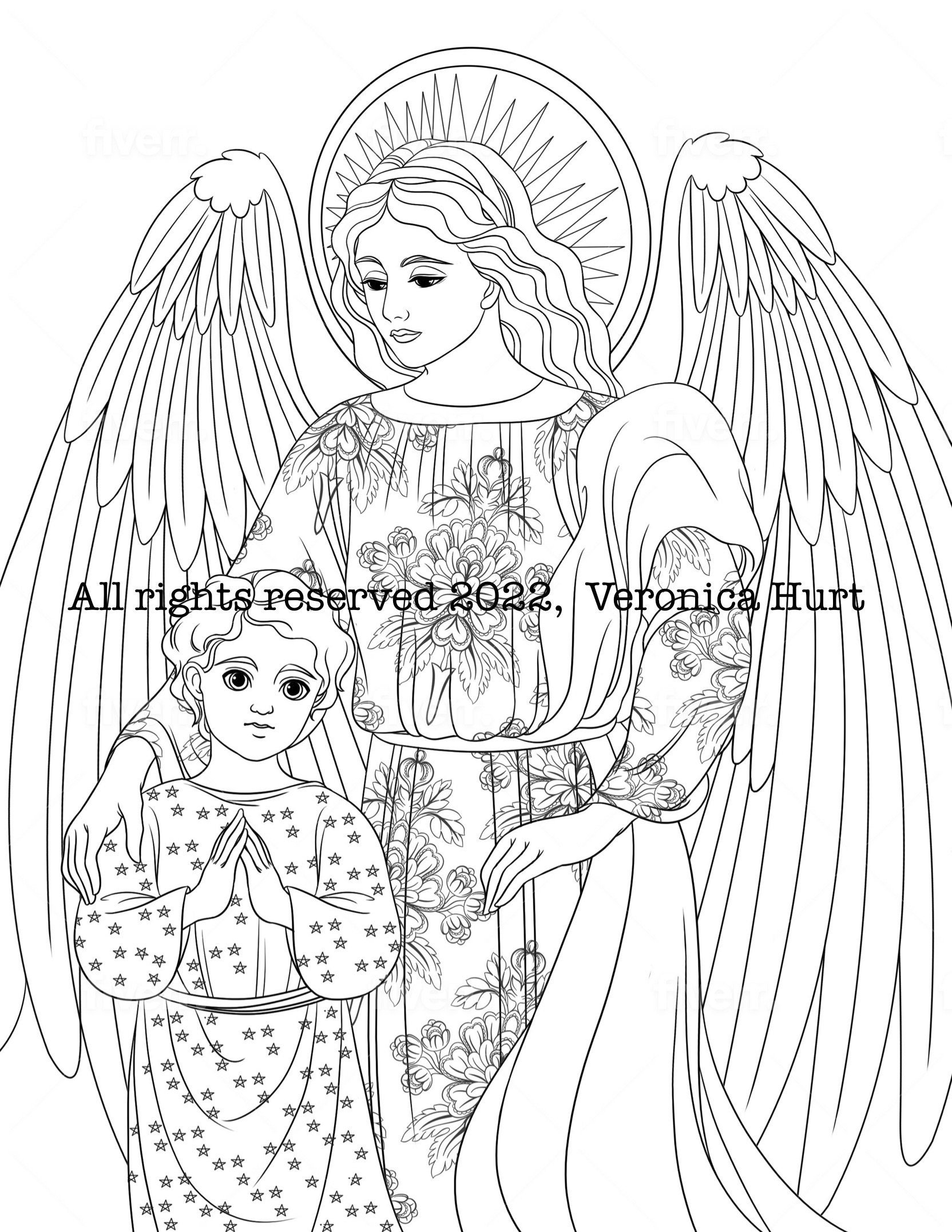 Guardian angel with child coloring page for adults and kids instant download