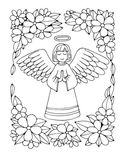 Premium vector angel coloring page prayer for peace in heavenly heaven holy guardian angel hand drawn vector line drawing coloring book for children and adults black and white sketch