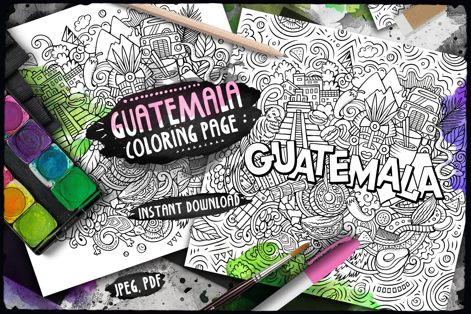 Guatemala digital coloring page maya culture travel adult coloring caribbean country doodles illustration printable coloring sheet pdf