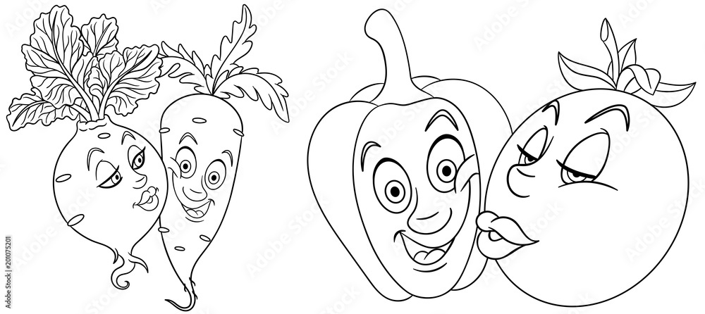 Coloring pages cartoon vegetables in love lovely kiss emoticons emoji for valentines day vector