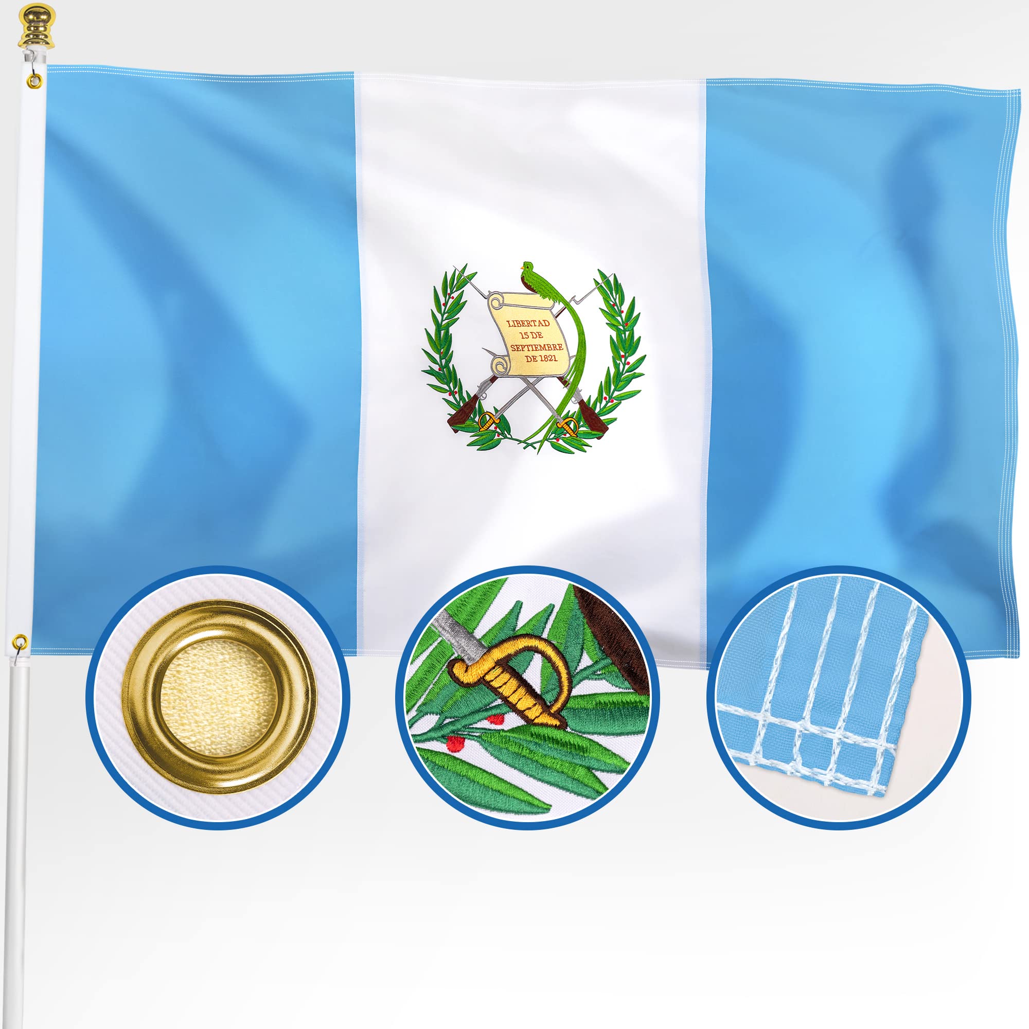 Xifan premium guatemala guatemalan flag x outdoor double sided embroidered image heavy duty d nylon guatemalan national country flags with stitch hemmingbrass grommets patio lawn garden