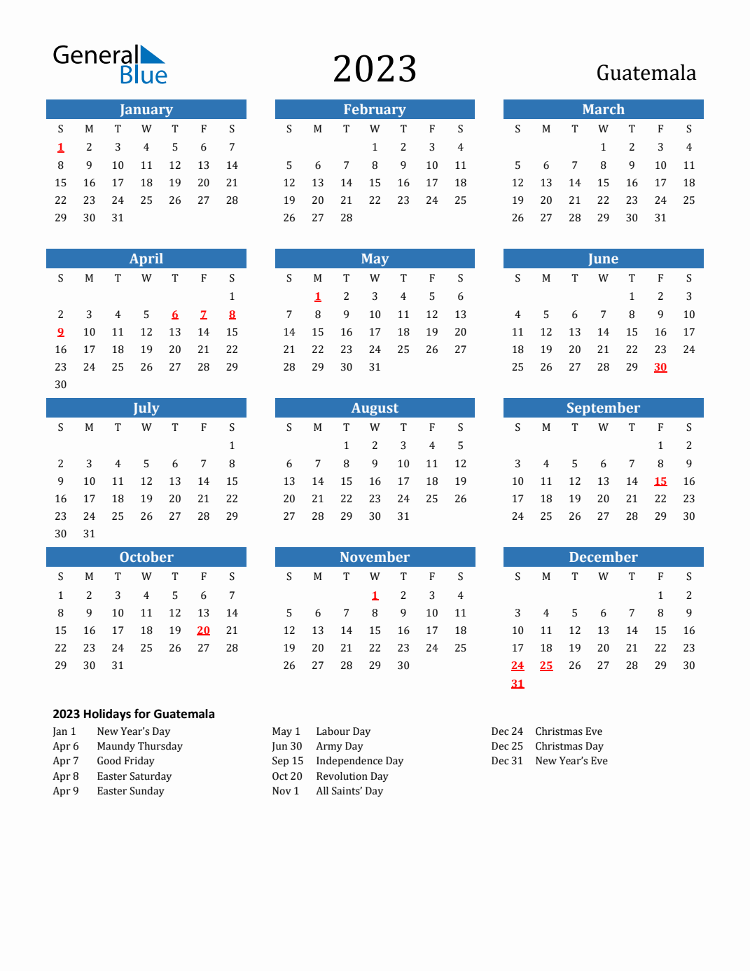 Guatemala calendar with holidays