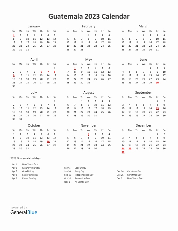 Guatemala calendar with holidays