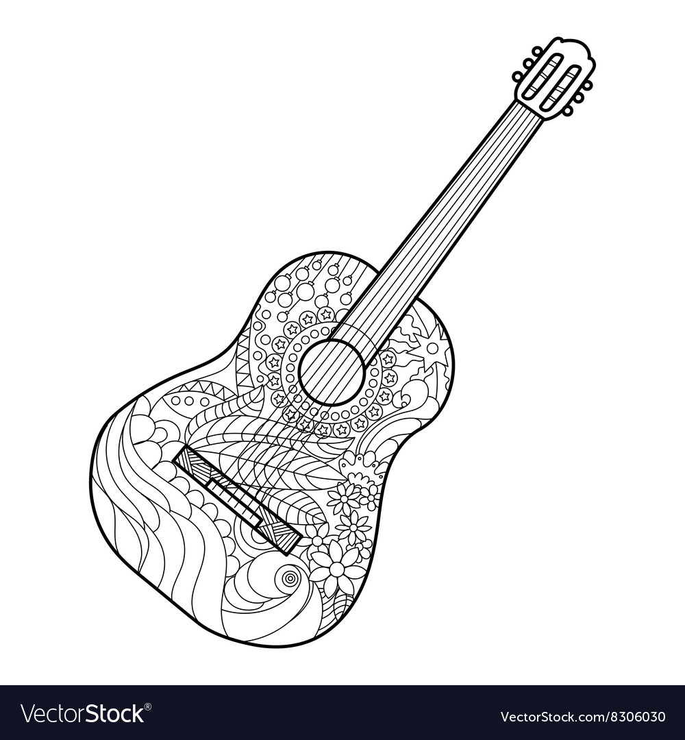 Acoustic guitar coloring book for adults vector image