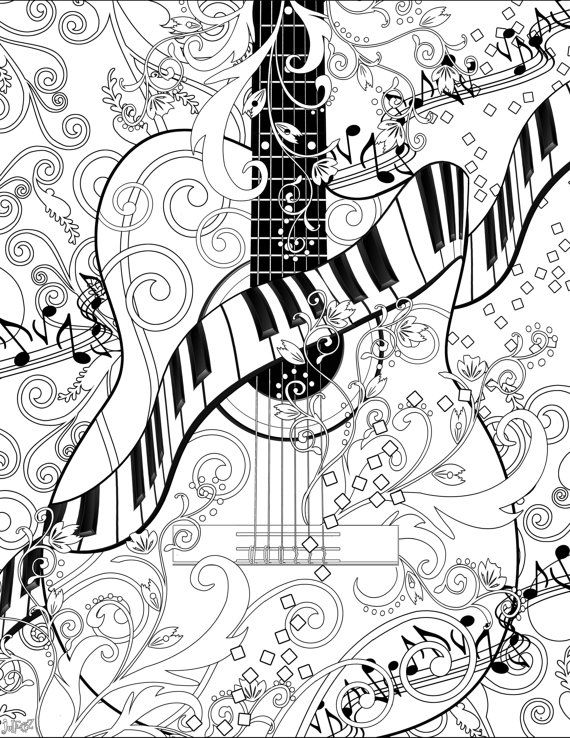 Coloring poster printable guitar coloring page piano coloring poster by juleez instant download