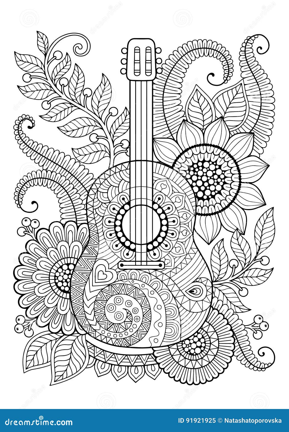 Coloring book for adult and relax guitar maxican stock vector