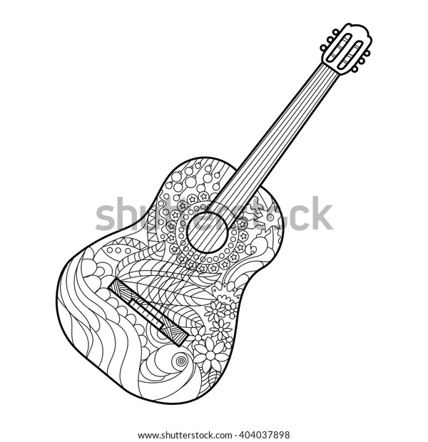 Acoustic guitar coloring book adults raster stock illustration