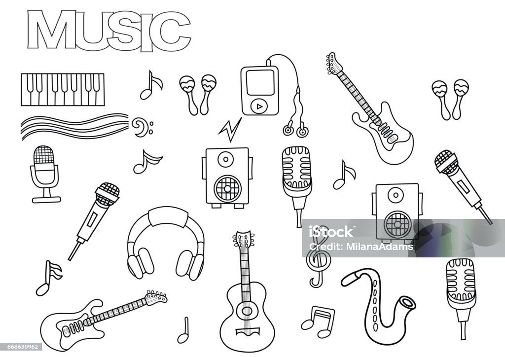 Hand drawn music set coloring book page template outline doodle stock illustration