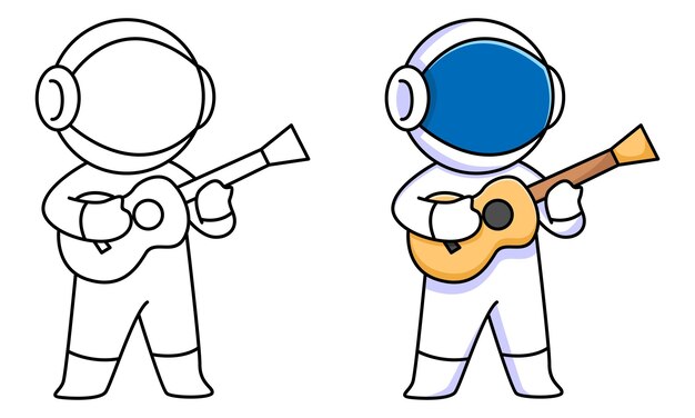 Premium vector cute astronaut playing guitar coloring page for kids