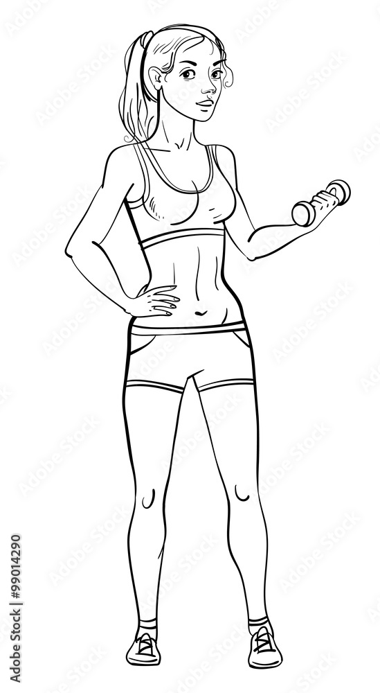 Young girl in the gym funny cartoon character vector illustration coloring book black and white vector