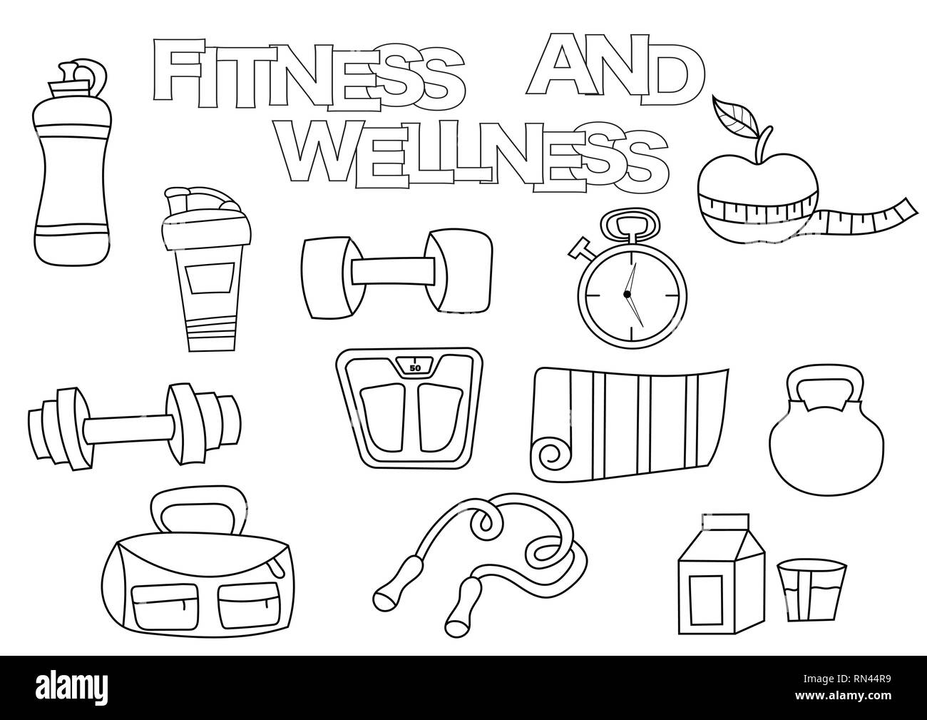 Hand drawn fitness and wellness set coloring book template outline doodle elements vector illustration kids game page stock vector image art