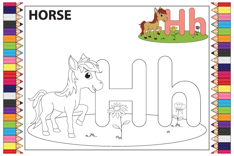 Coloring the letter h for children with cute horse