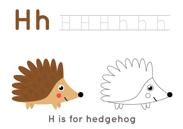 Premium vector coloring page with cute cartoon hedgehog alphabet tracing worksheet with letter h handwriting practice for kids