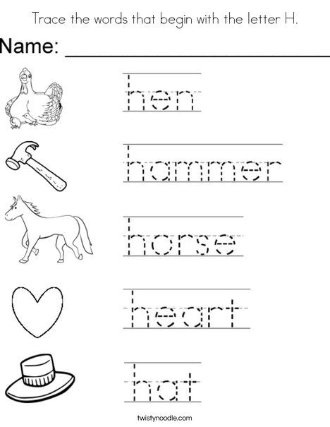 Trace the words that begin with the letter h coloring page tracing worksheets preschool letter h worksheets handwriting worksheets for kids